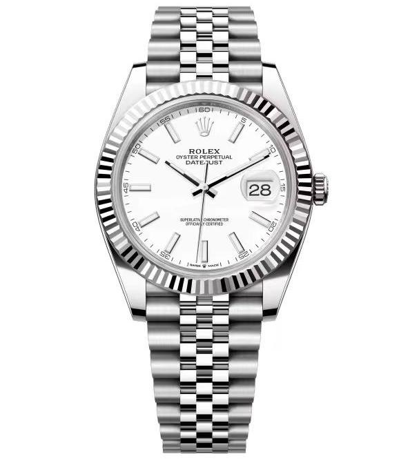 Datejust 41 Steel Baton Index Pure White Dial — Fluted Bezel Pure White Baton (Ref Z064)
