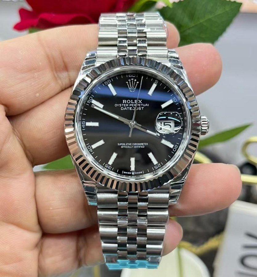Datejust 41 Steel Baton Index Onyx Black Dial — Fluted Bezel Onyx Black Baton (Ref Z066)